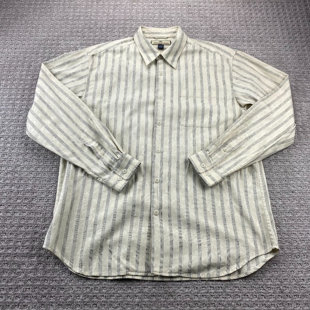 Vintage Tommy Bahama Floral Shirt Men XL Beige Gray Striped Long Sleeve Polo